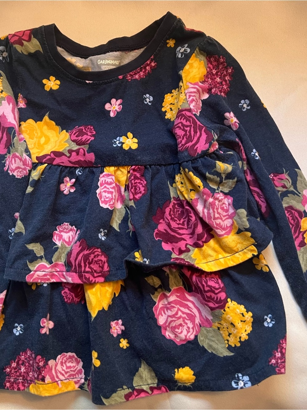 Garanimals Navy Long-Sleeve Floral Ruffle Top with Pink & Yellow Roses 3T